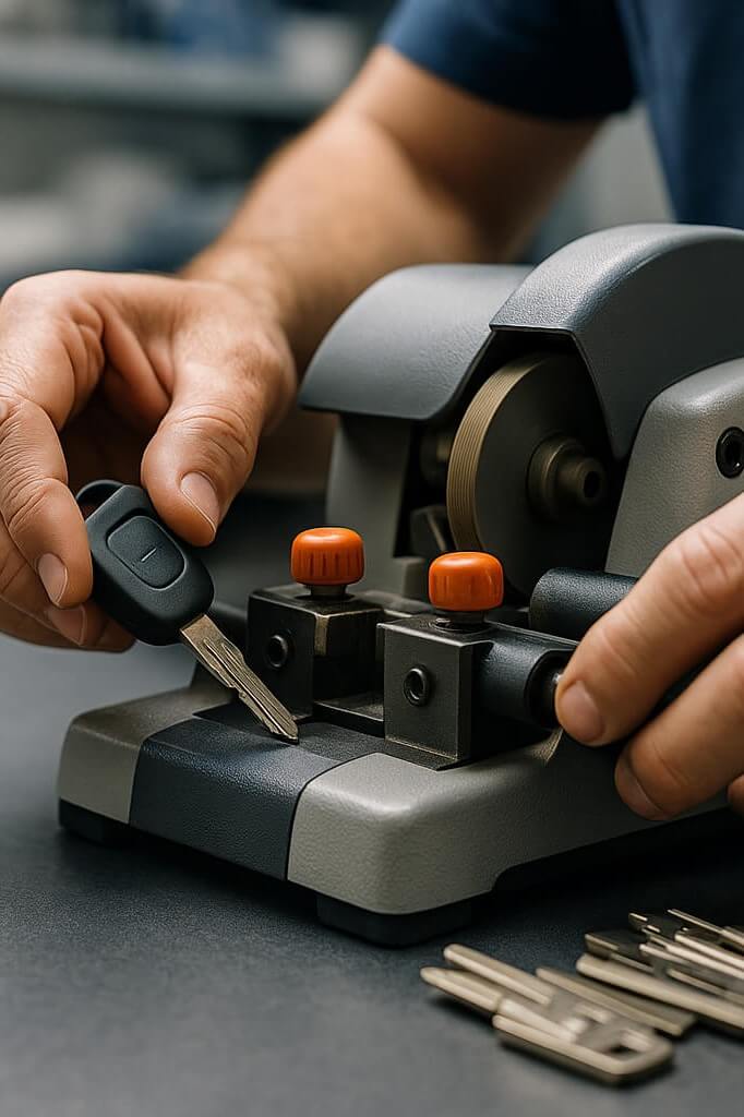 Autoschlüssel wird an Fräsmaschine dupliziert