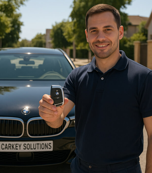 Mitarbeiter vom Schlüsseldienst übergibt neuen Smartkey